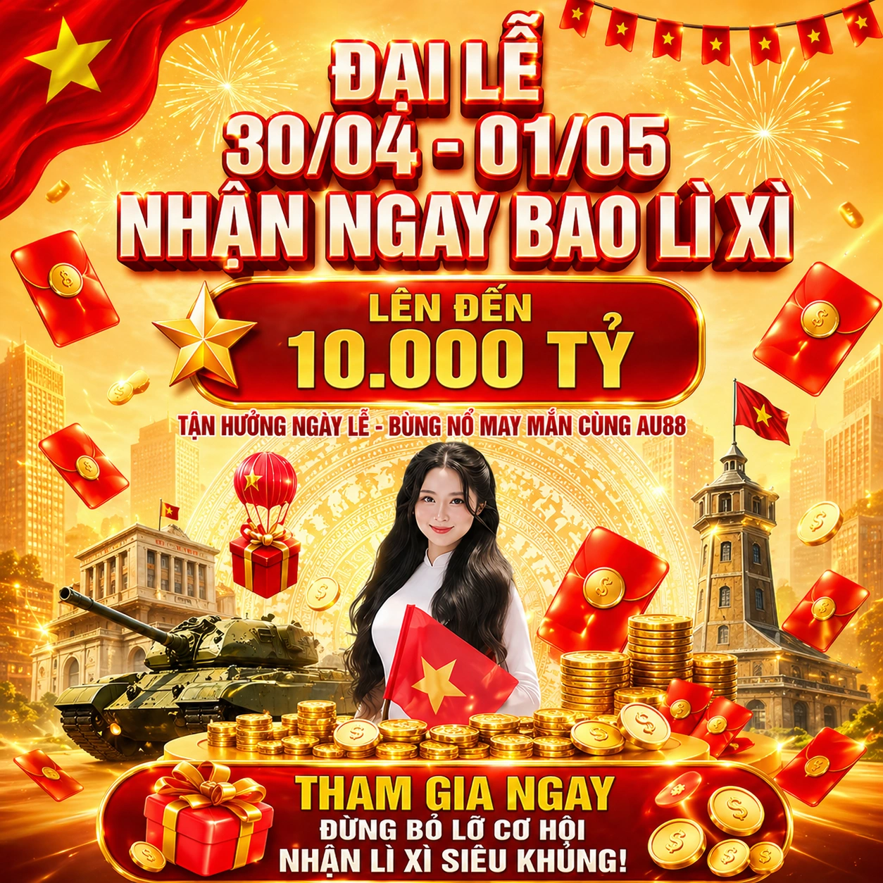 Khuyến mãi AU88 Đại lễ 30/04 - 01/05 nhận lì xì lên đến 10.000 tỷ tại trang chủ AU88 chính thức 2026